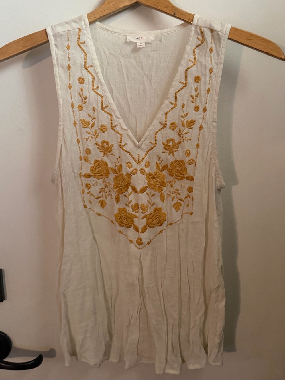 Creamy White Sleeveless V-Neck Top with Marigold Floral Embroidery